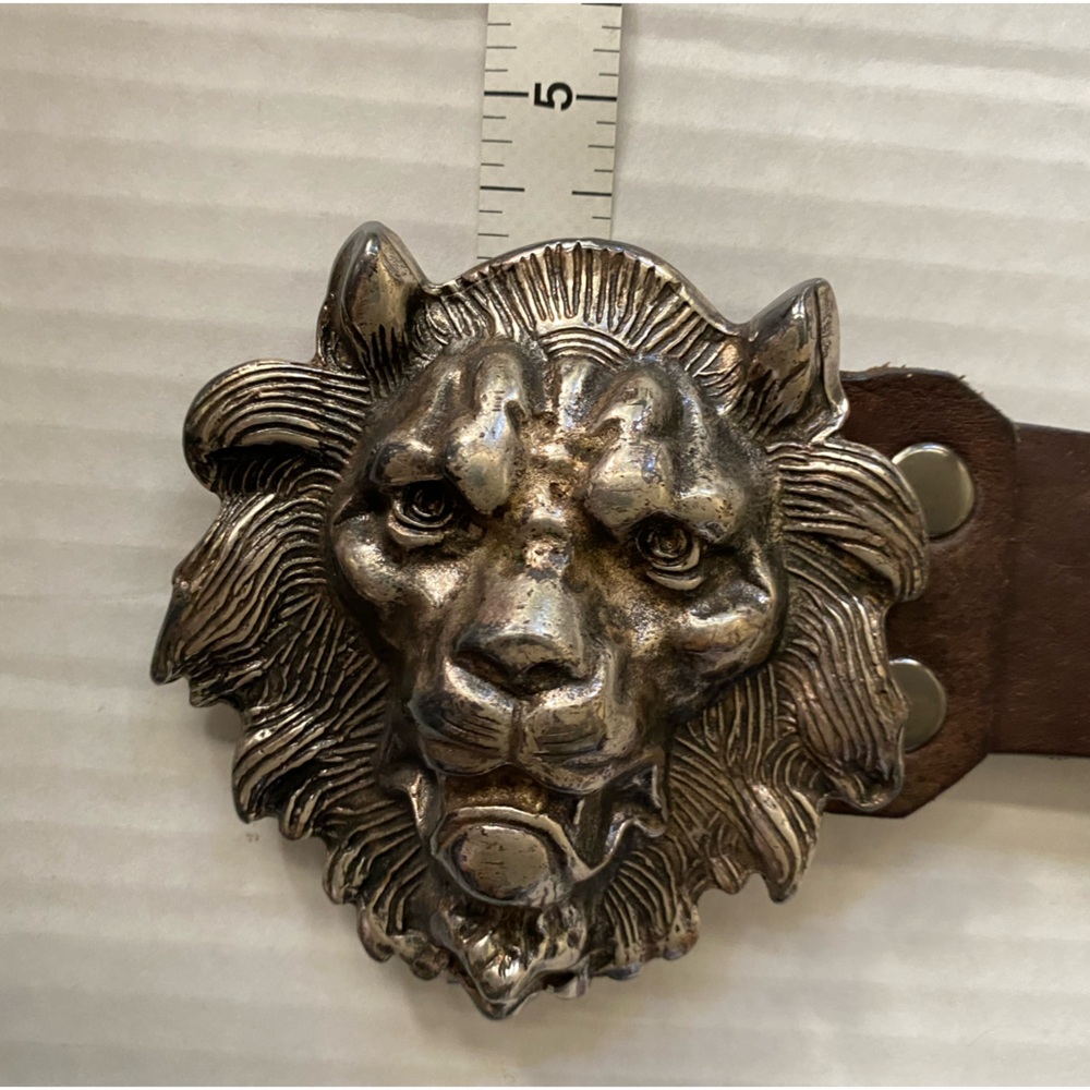 VINTAGE Silver Metal Lion's Head Belt Buckle with Belt Size 34 - Picture 13 of 16